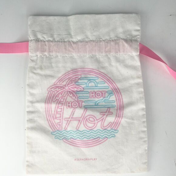 Sephora Hot Hot Hot Drawstring Cloth MakeUp Delicates Travel Bag White Pink New - Picture 1 of 4